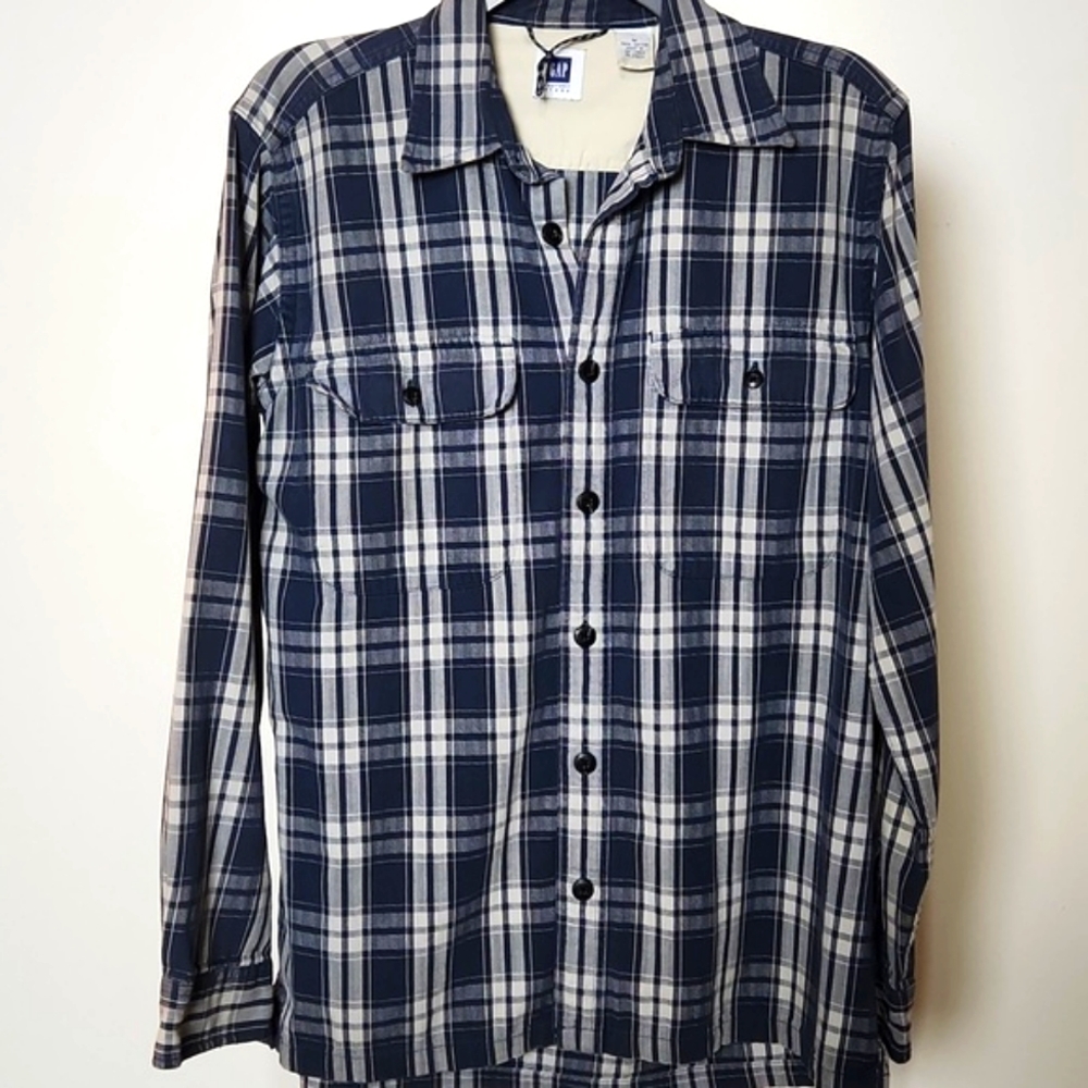 GAP Blue and White Plaid Long Sleeve Button down Shirt Size-Med